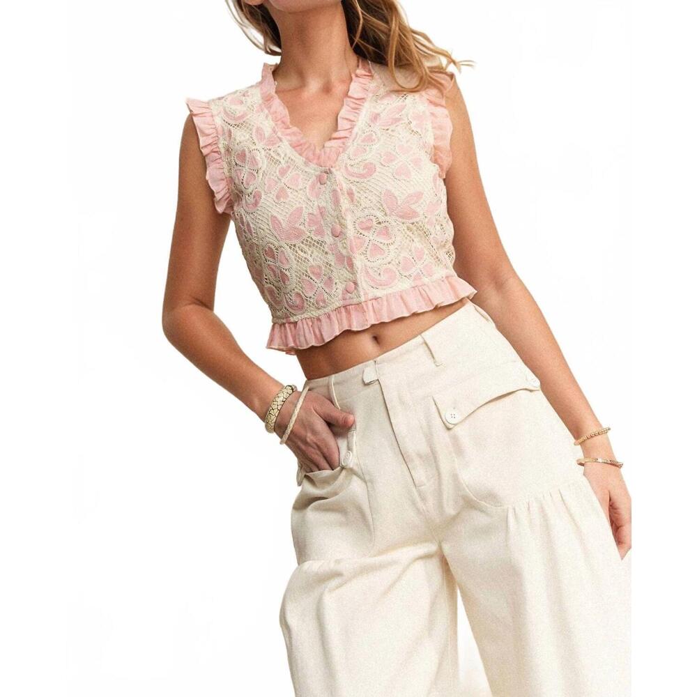 NEW DAVI & DANI crochet lace ruffle vest in pink natural - Picture 5 of 7